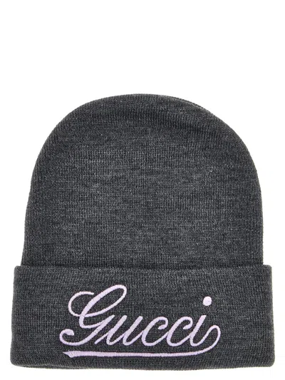 Gucci Wool Beanie With Front Embroidered Logo In Pastel Purple In Gray