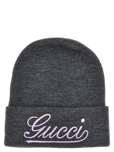 Gucci Wool Beanie With Front Embroidered Logo In Pastel Purple In Gray