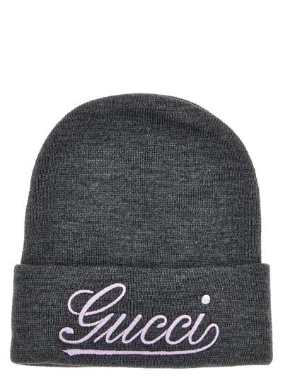 Gucci Logo Embroidery Beanie Hats Gray In Brown