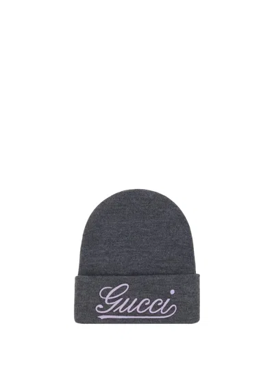 Gucci Wool Beanie With Front Embroidered Logo In Pastel Purple In Gray
