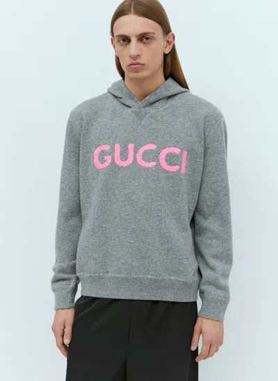 Gucci Logo羊毛针织连帽卫衣 In Grey
