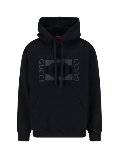 Gucci Men Black Sweatshirt With Hood With Drawstring And Front Logo In Cotton Man In Multi