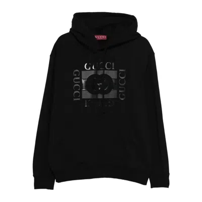 Gucci Men Black Sweatshirt With Hood With Drawstring And Front Logo In Cotton Man In Multi