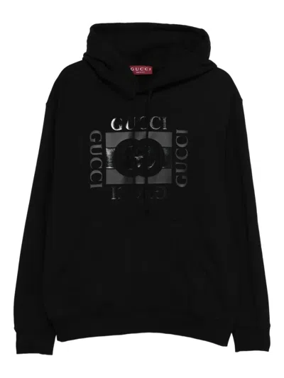 Gucci Men Black Sweatshirt With Hood With Drawstring And Front Logo In Cotton Man In Multi