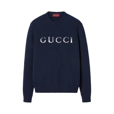 Pre-owned Gucci Logo Intarsia Crewneck Knit Sweater 'ink/white'