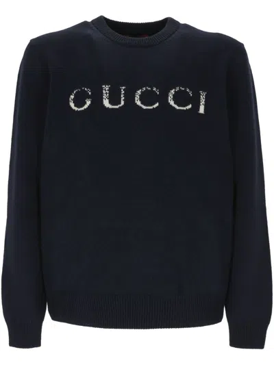 Gucci Logo Intarsia Crewneck Knit Sweater In Blue