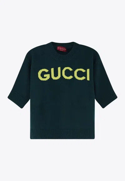 Gucci Logo Intarsia Cropped Knit Top In Green