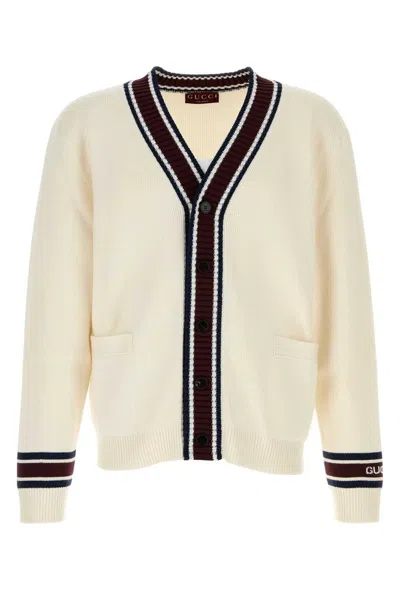 Gucci Wool Cardigan With Contrast Trim And Pockets In White