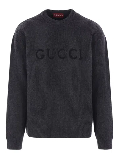 Gucci Grey Crewneck Sweater With Logo Lettering Embroidery On The Front In Wool Man In Gray