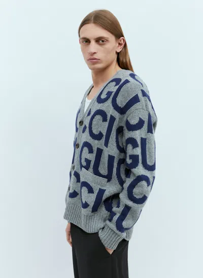 Gucci Logo Intarsia Wool Cardigan In Grey