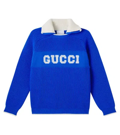 Gucci Kids' Logo Jacquard Wool Polo Sweater In Blue
