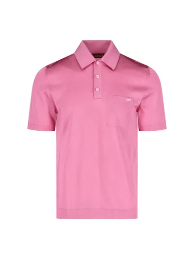 Gucci Pink Polo Shirt With Chest Pocket And Embroidered Logo On The Front In Fine Silk Knit Man In Animal Print