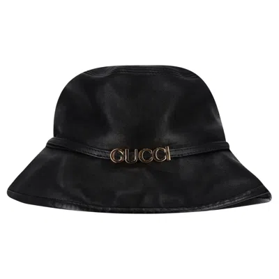 Pre-owned Gucci Logo Leather Bucket Hat In Black