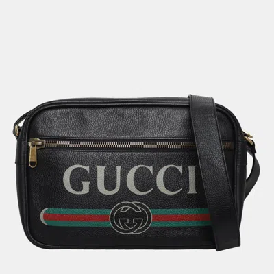 Pre-owned Gucci Logo Leather Messenger Bag In Black