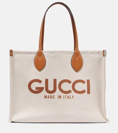 Gucci Medium Logo Leather-trimmed Canvas Tote Bag In White