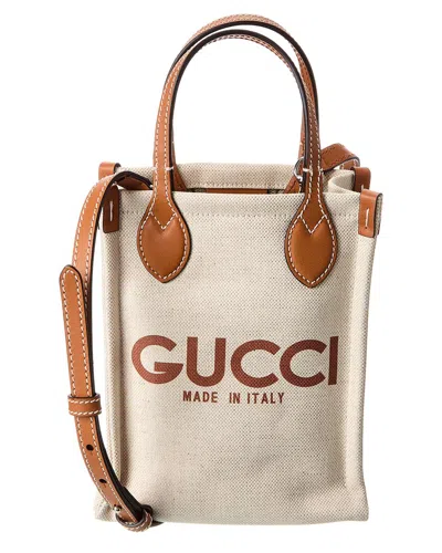 Gucci Logo Mini Canvas & Leather Tote In White