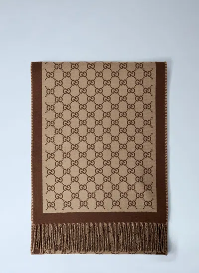 Gucci Logo Motf Wool Scarf In Brown
