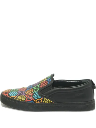 Pre-owned Gucci Logo-motif Leather Slip-ons Sneakers In Black