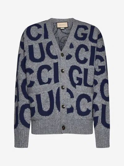 Gucci Logo-intarsia Wool Cardigan In Grey