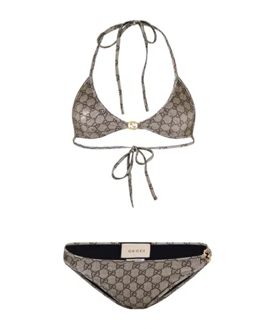 Gucci Logo Nylon Gg Triangle Bikini Set In Gray