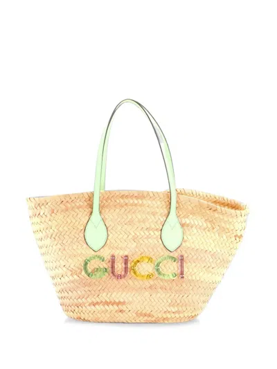 Pre-owned Gucci Logo Open Woven Raffia Small Tote Bag In Green