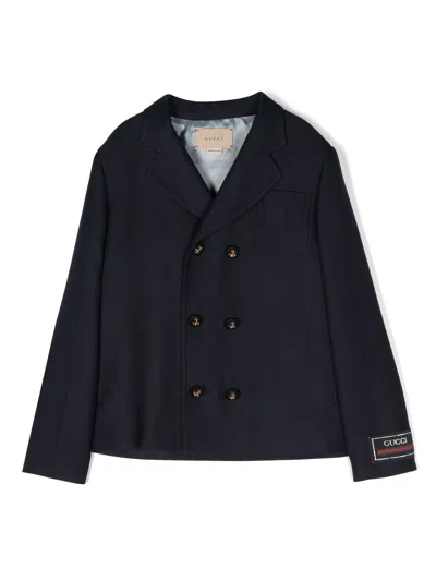 Gucci Kids' Logo-patch Double-breasted Blazer In Blue