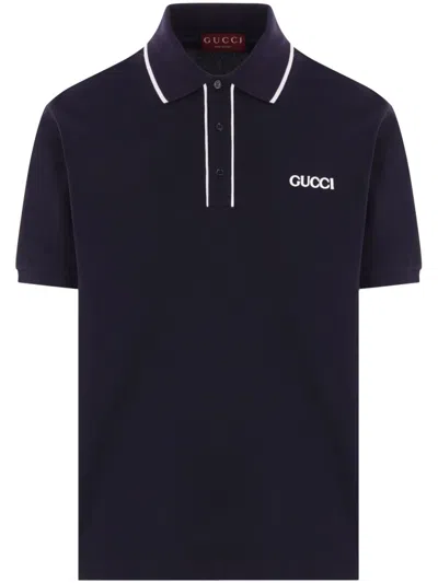 Gucci Mens Logo Text Embroidered Cotton Polo Shirt Blue Navy