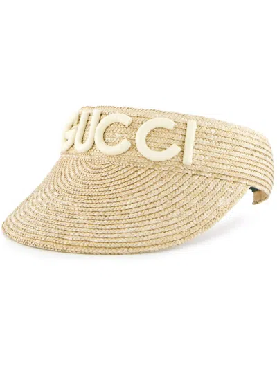 Gucci Logo-patch Raffia Visor Hat In Neutrals