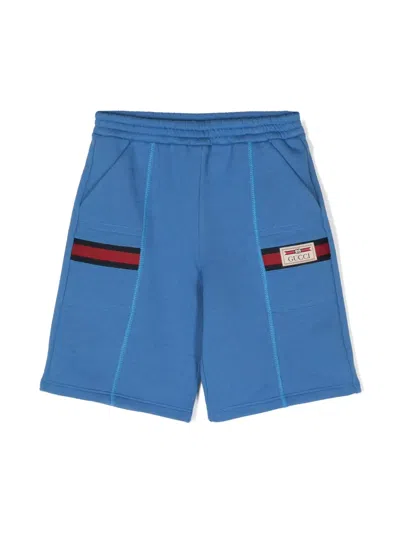 Gucci Kids' Web-stripe Logo-patch Cotton Shorts In Blue