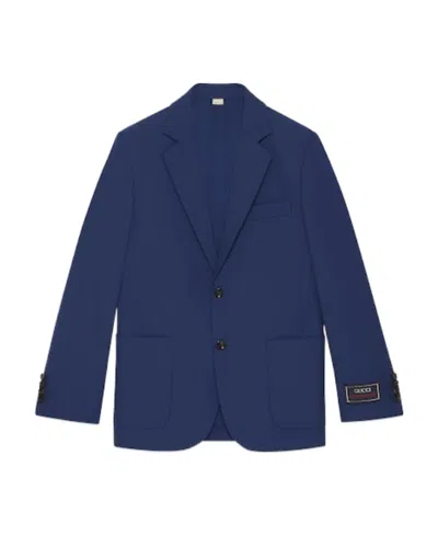 Gucci Logo-patch Wool Blazer In Blue