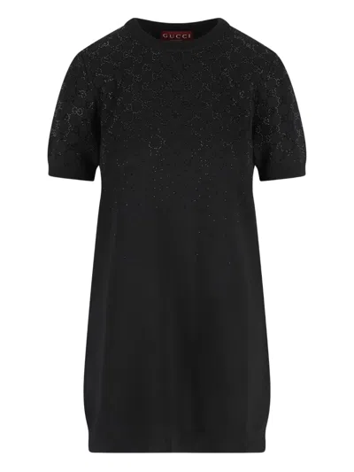 Gucci Black Mini Dress With Gradient-effect Gg Crystals Women