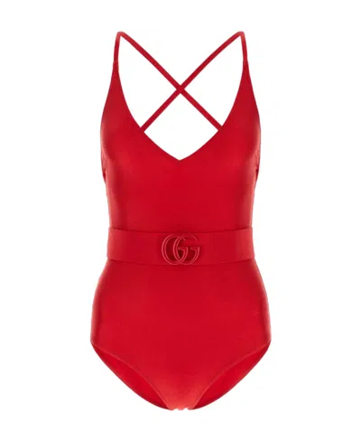 Gucci Logo-plaque Belted Swimsuit In Red