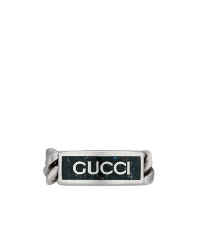 Gucci Logo Plaque Chain Ring In Silver