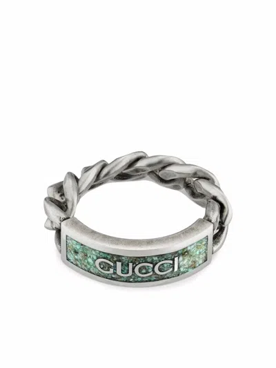 Gucci Logo Plaque Chain Ring In Silver