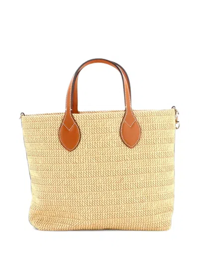 Pre-owned Gucci Logo Plaque Convertible Raffia Small Tote Bag In Neutrals