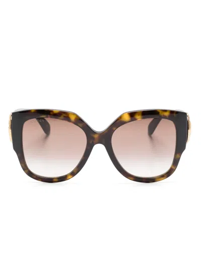 Gucci Logo-plaque Round-frame Sunglasses In Braun