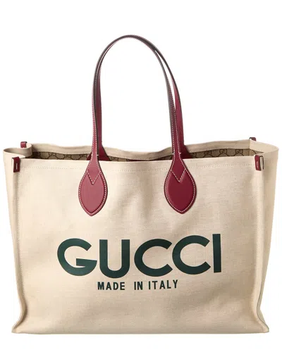 Gucci Logo Print Canvas & Leather Tote In White