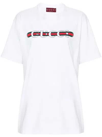 Gucci Women White Crewneck T-shirt Wth Web Print With Logo Lettering On The Front In Cotton Woman