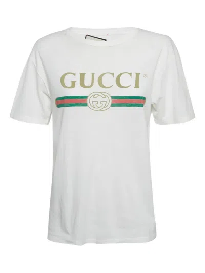 Pre-owned Gucci Logo-print Floral-embroidered T-shirt In White