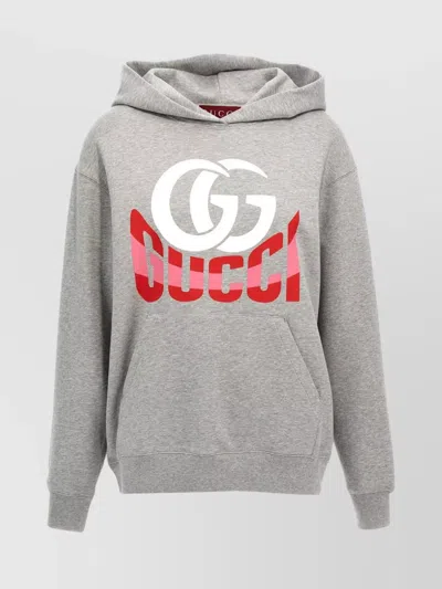 Gucci Logo Print Hooded Sweatshirt In Gray