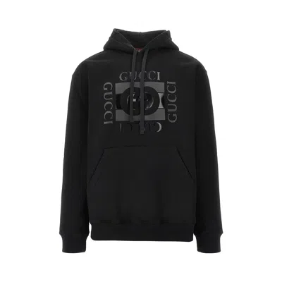 Gucci Men Black Sweatshirt With Hood With Drawstring And Front Logo In Cotton Man In Multi