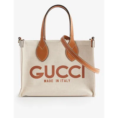 Gucci Logo-print Leather-trim Canvas Tote In Be.eb.greg.h.br/h.br