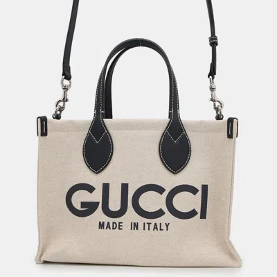 Pre-owned Gucci Logo Print Medium Tote Bag Beige/navy Canvasxleather In Sand