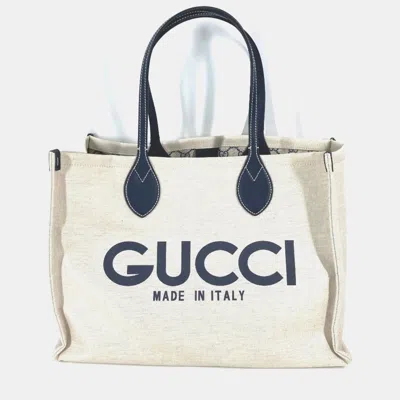 Pre-owned Gucci Logo Print Shoulder Bag/tote Bag Canvas/leather Beige/black In Sand