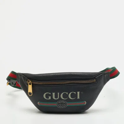 Pre-owned Gucci Logo Print Small Black Leather Belt Bag