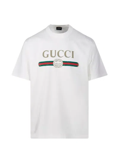 Gucci Logo Cotton Crew Neck Short Sleeve T-shirt In White