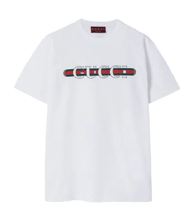 Gucci Women White Crewneck T-shirt Wth Web Print With Logo Lettering On The Front In Cotton Woman