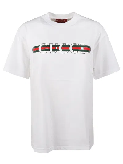Gucci Women White Crewneck T-shirt Wth Web Print With Logo Lettering On The Front In Cotton Woman