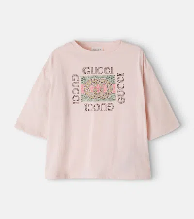 Gucci Kids' Logo印花棉质针织t恤 In Rose Water/mc