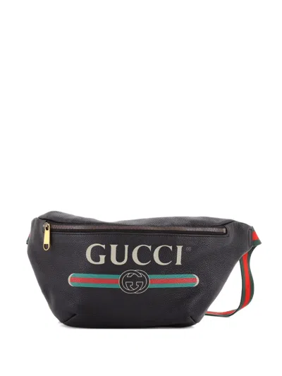 Pre-owned Gucci Logo Printed Leather Medium Belt Bag In Black